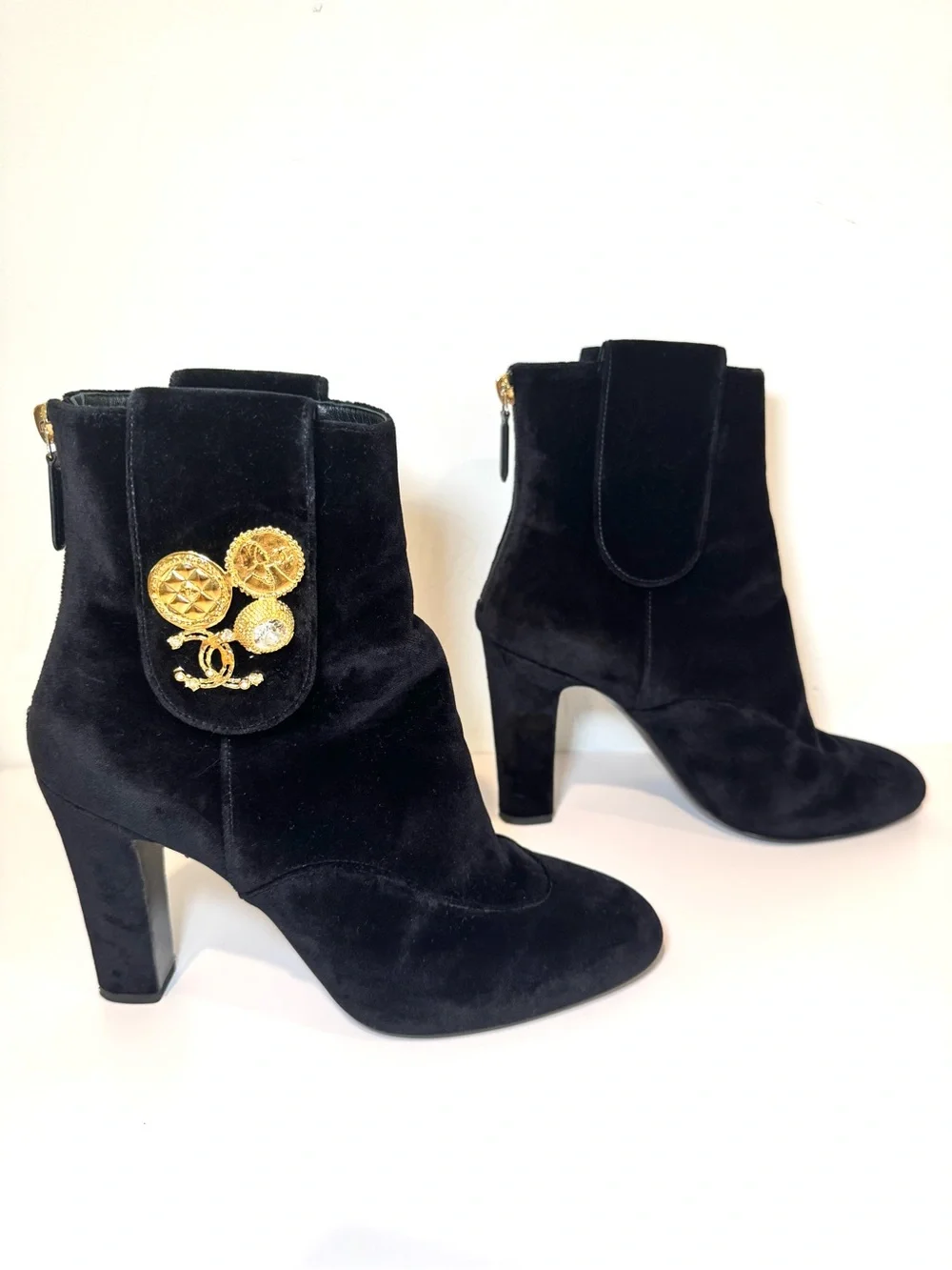 Chanel Black Velvet CC Logo Gold Medallion Coin Ankle Boots Sz 39